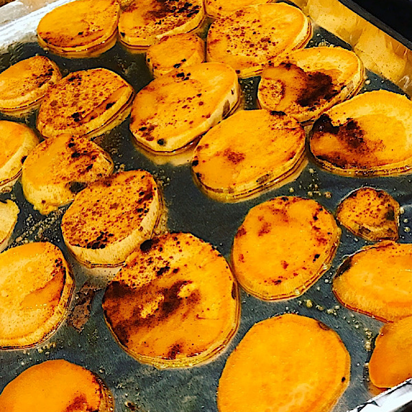 Food Prep: Roasted Sweet Potatoes on a baking sheet fresh from the oven