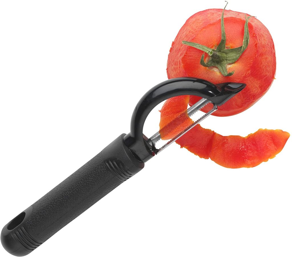 A serrated vegetable peeler