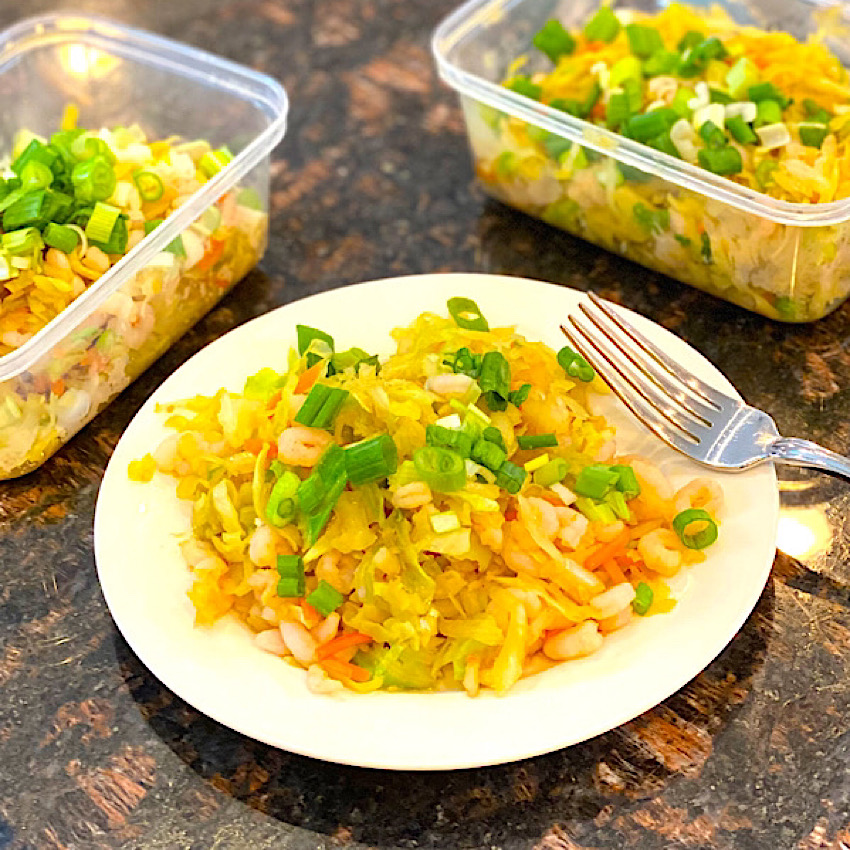 Shrimp Egg Roll Bowl dish on a white plate ready to eat