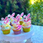 Easter Almond Cupcakes on a cake stand