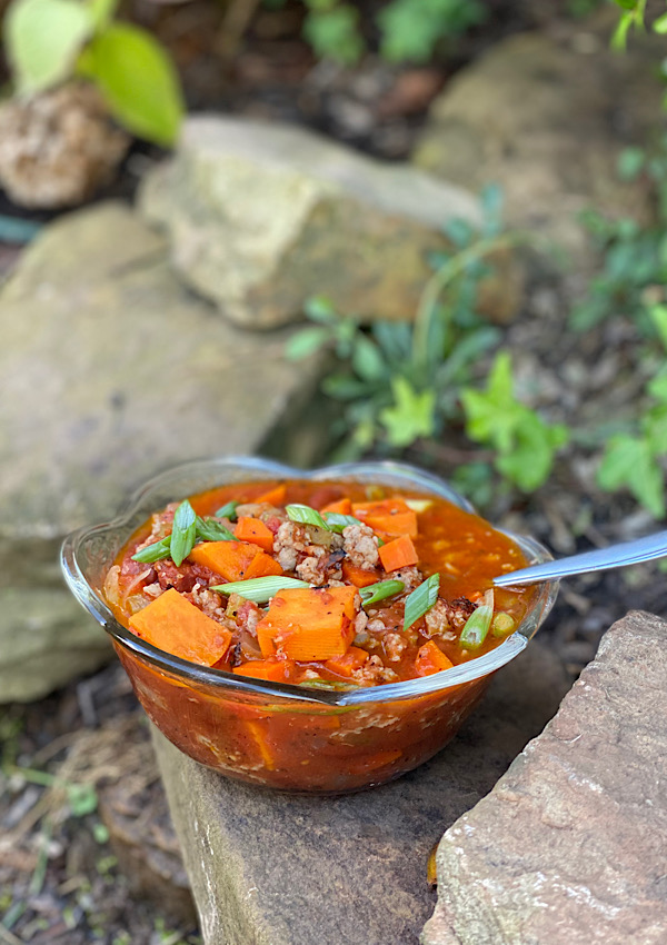 Fall Bratwurst Stew in a bowl ready to eat