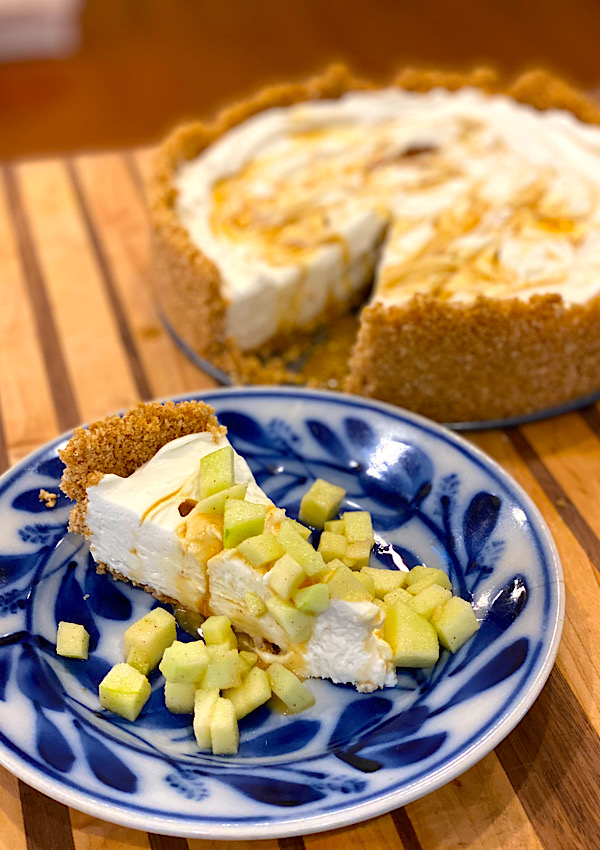 Salted Caramel No-Bake Cheesecake w/ Cinnamon Toast Crunch Crust Ready to enjoy