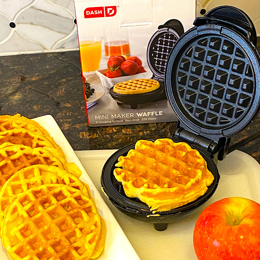 Apple Cinnamon Cake Mix Waffles hot off the waffle maker. Ready to eat!