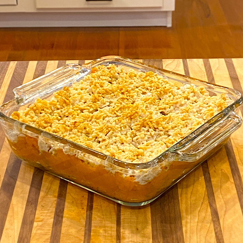 Rice Krispie Sweet Potato Casserole just out of the oven. So delicious and not too sweet.