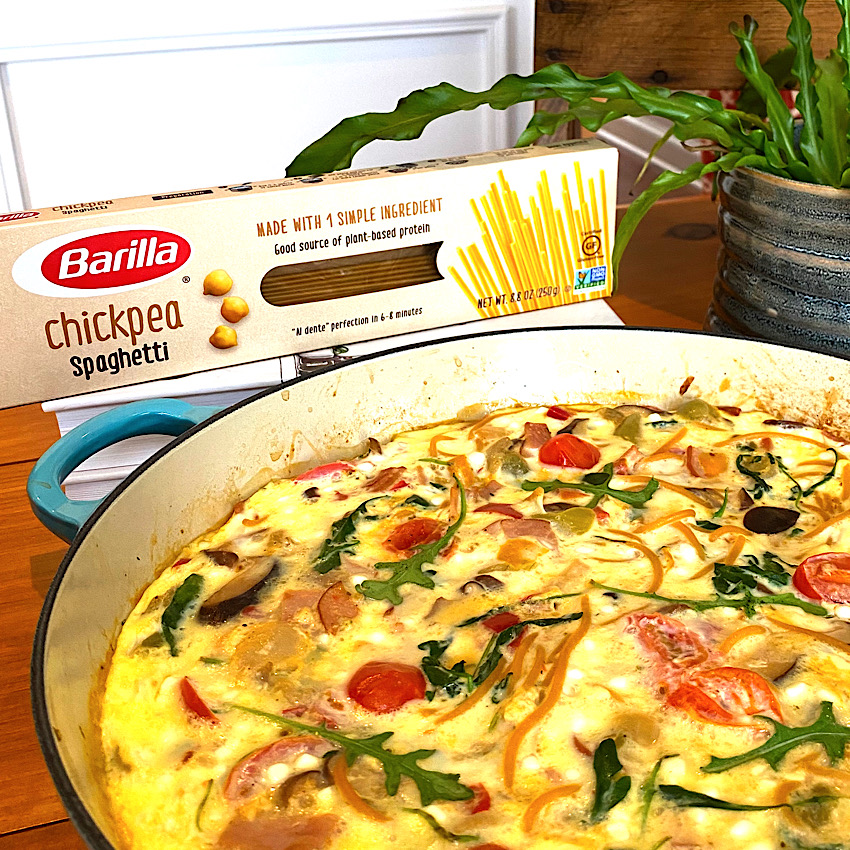 Barilla Chickpea Pasta is featured in The High Protein Frittata. It is in the photo here with the frittata.