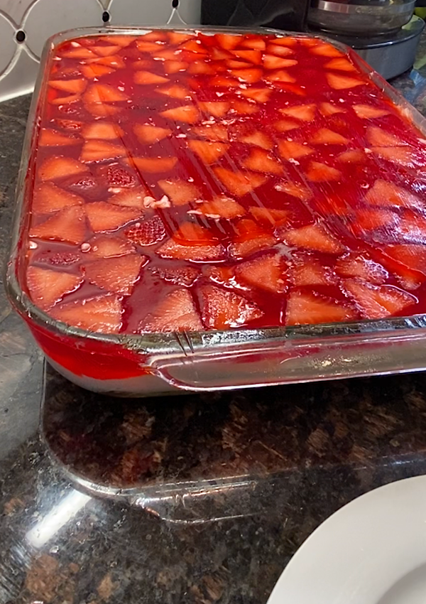 Strawberry Pretzel Salad set and ready to eat.