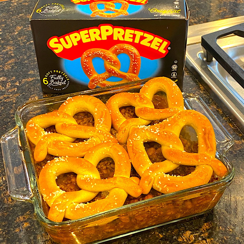 Super Pretzel brand soft pretzels are used on the Beef & Bean Bake w/Pretzels