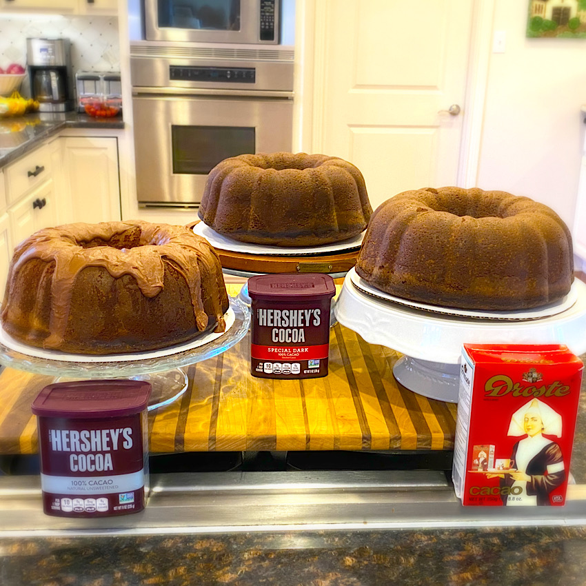 Three Pound Cakes, all made with the same recipe. Using different Cocoa Powders.